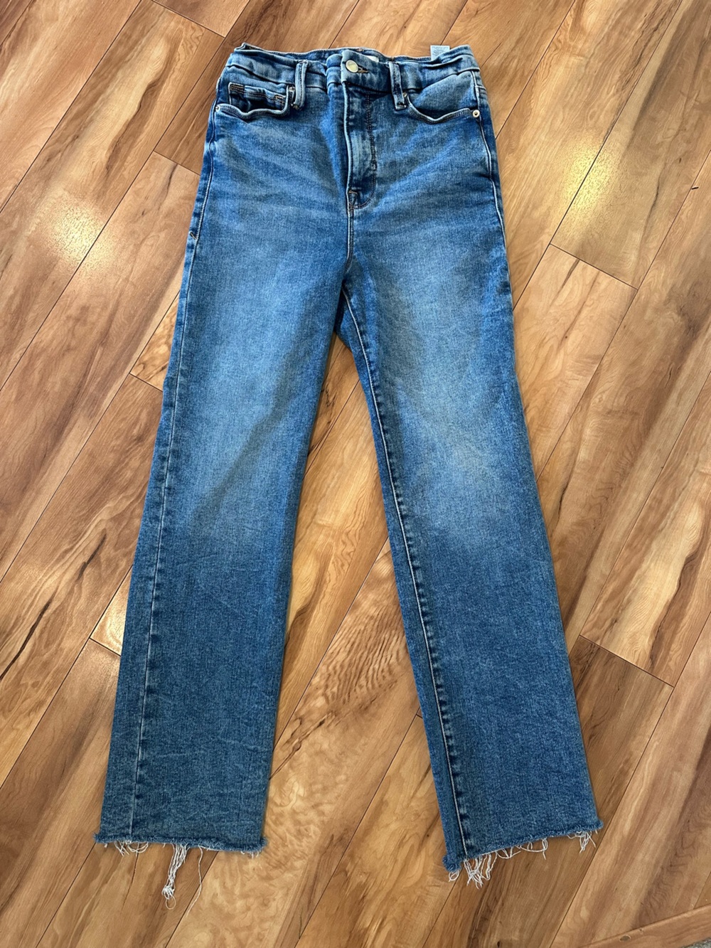 Good American High Rise Flare Jeans Size 4/27 Blue Raw Hem Stretch Denim